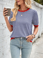 Lovelet Striped Contrast Round Neck Half Sleeve Knit Top - Trendsi