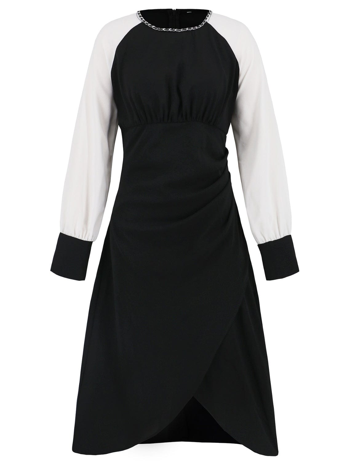 Ruched Contrast Long Sleeve Midi Dress - Trendsi