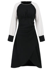 Ruched Contrast Long Sleeve Midi Dress - Trendsi
