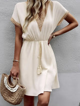 Full Size Tassel V-Neck Short Sleeve Dress Plus Size - Trendsi - Flyclothing LLC