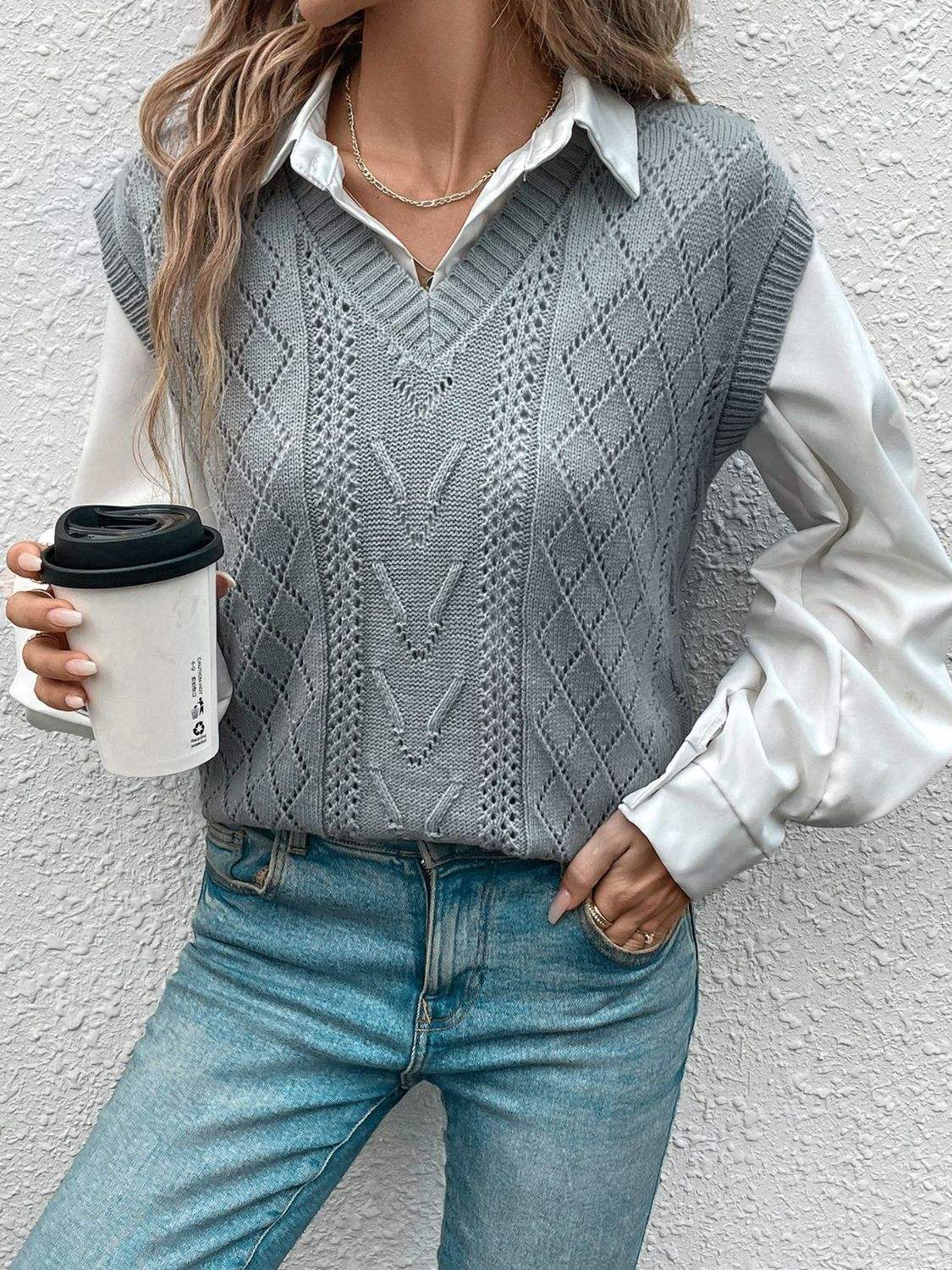 Openwork V-Neck Sweater Vest - Trendsi - Flyclothing LLC
