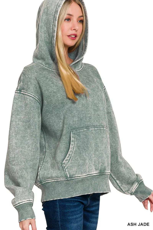 Zenana Fleece Acid Wash Kangaroo Pocket Hoodie - Trendsi - Flyclothing LLC