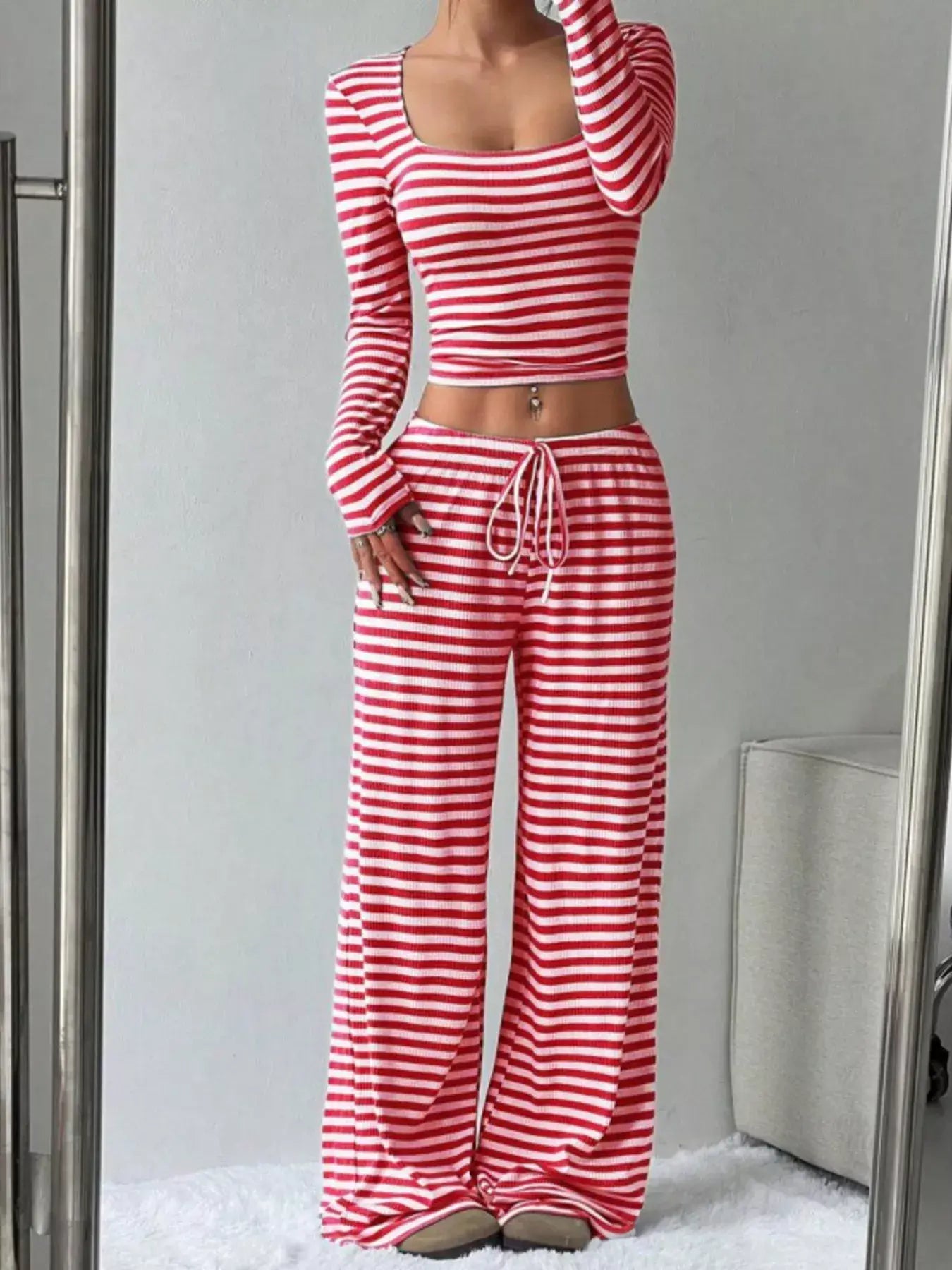 Striped Long Sleeve Crop Top and Wide Leg Pants Set - Trendsi - Flyclothing LLC