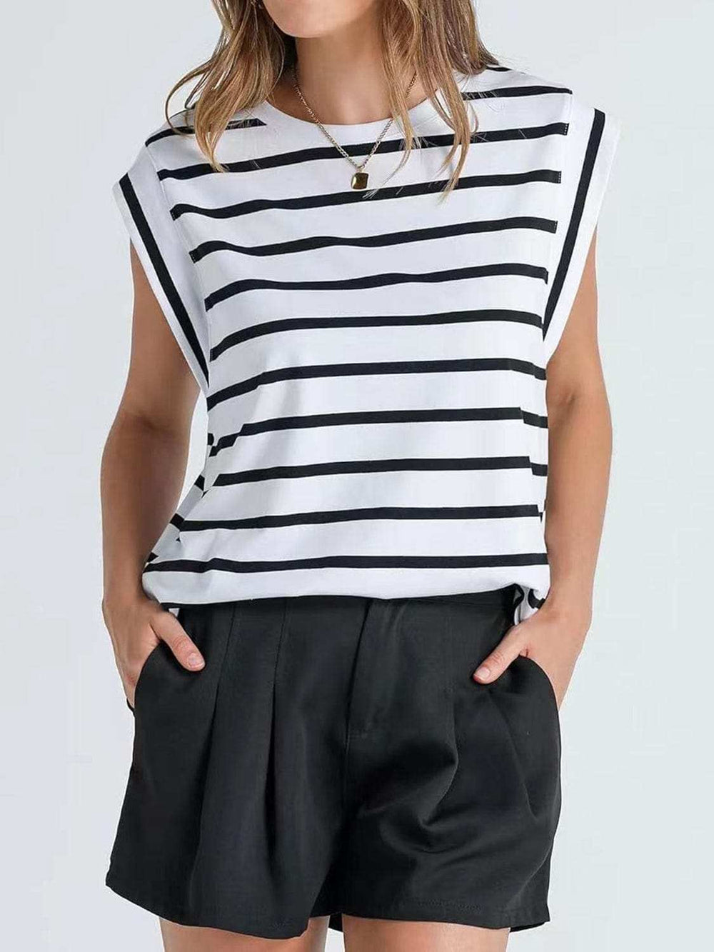 Striped Round Neck Cap Sleeve T-Shirt - Trendsi - Flyclothing LLC