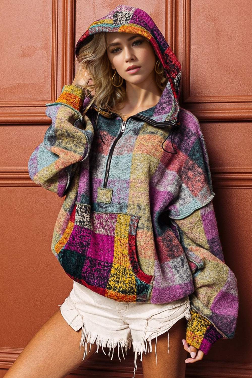 Double Take Full Size Half Zip Exposed Seam Hoodie - Trendsi - Flyclothing LLC