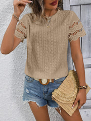 Full Size Eyelet Round Neck Short Sleeve Top - Trendsi