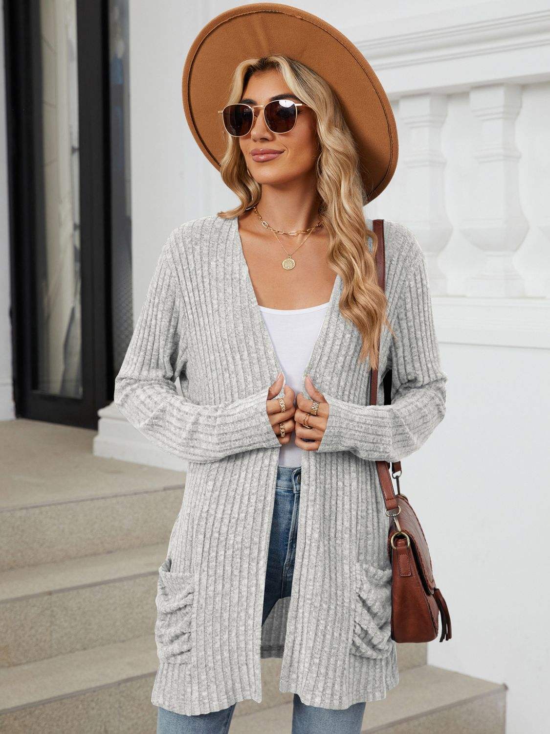 Pocketed Open Front Long Sleeve Cardigan - Trendsi - Flyclothing LLC