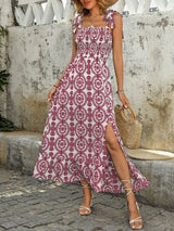 Smocked Slit Printed Tie Shoulder Dress - Trendsi - Flyclothing LLC