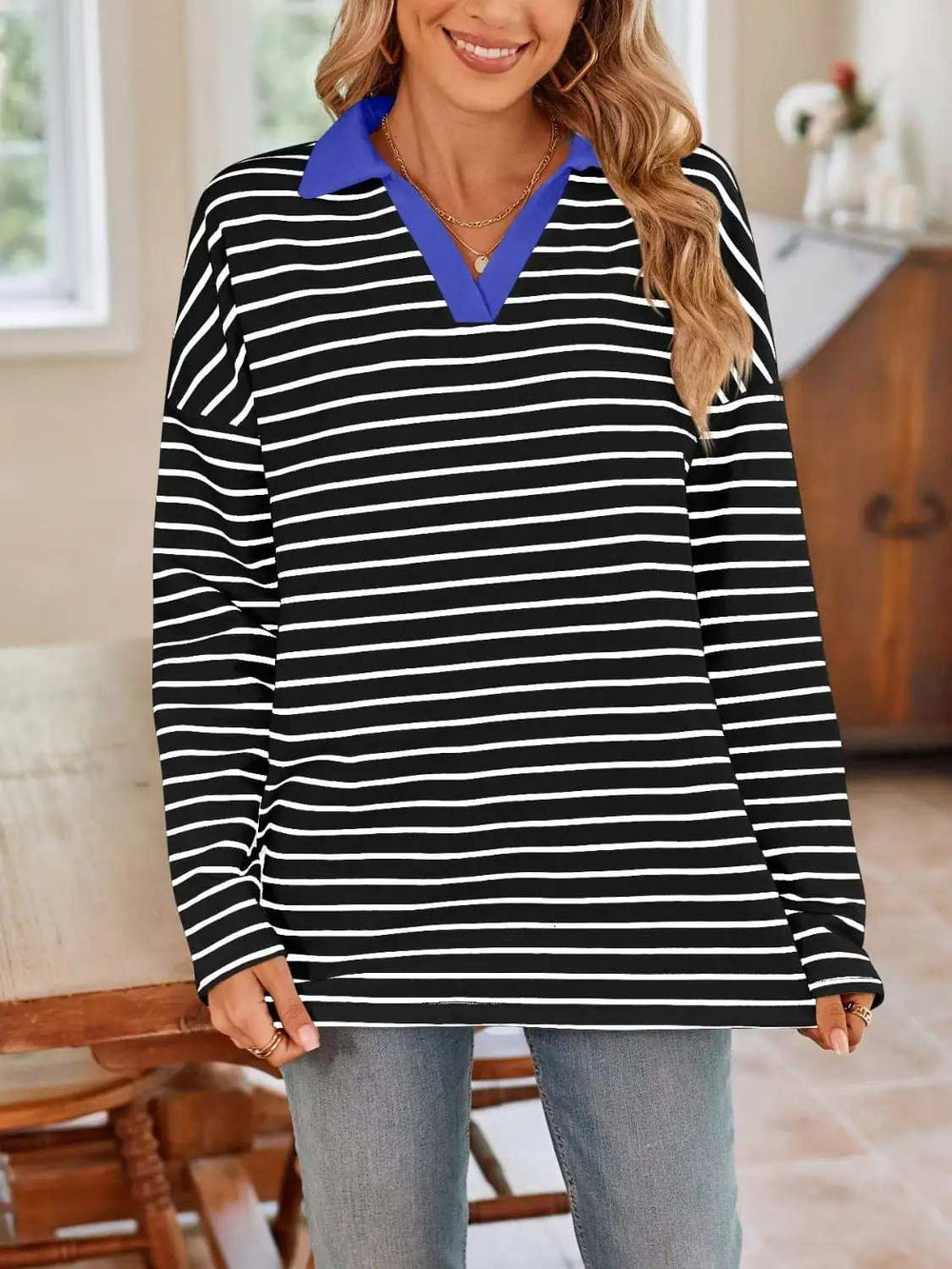 Striped Johnny Collar Long Sleeve T-Shirt - Trendsi - Flyclothing LLC
