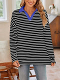 Striped Johnny Collar Long Sleeve T-Shirt - Trendsi - Flyclothing LLC