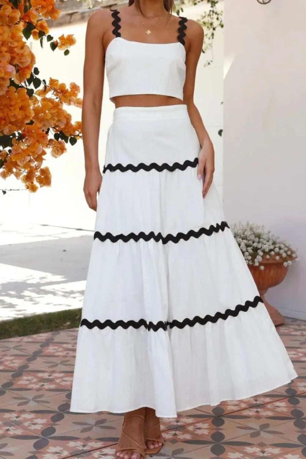 Contrast Trim Cami and Skirt Set - Trendsi - Flyclothing LLC