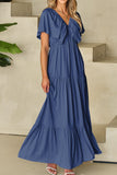 Ruffled V-Neck Short Sleeve Maxi Dress - Trendsi