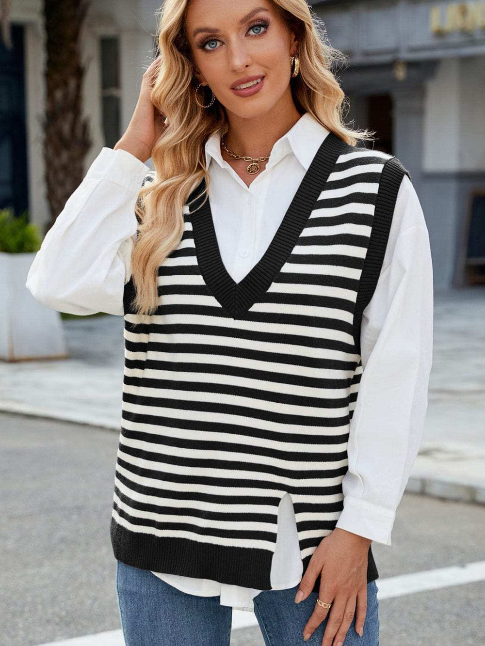Slit V-Neck Striped Sweater Vest - Trendsi - Flyclothing LLC