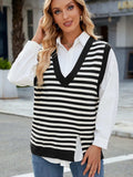 Slit V-Neck Striped Sweater Vest - Trendsi - Flyclothing LLC