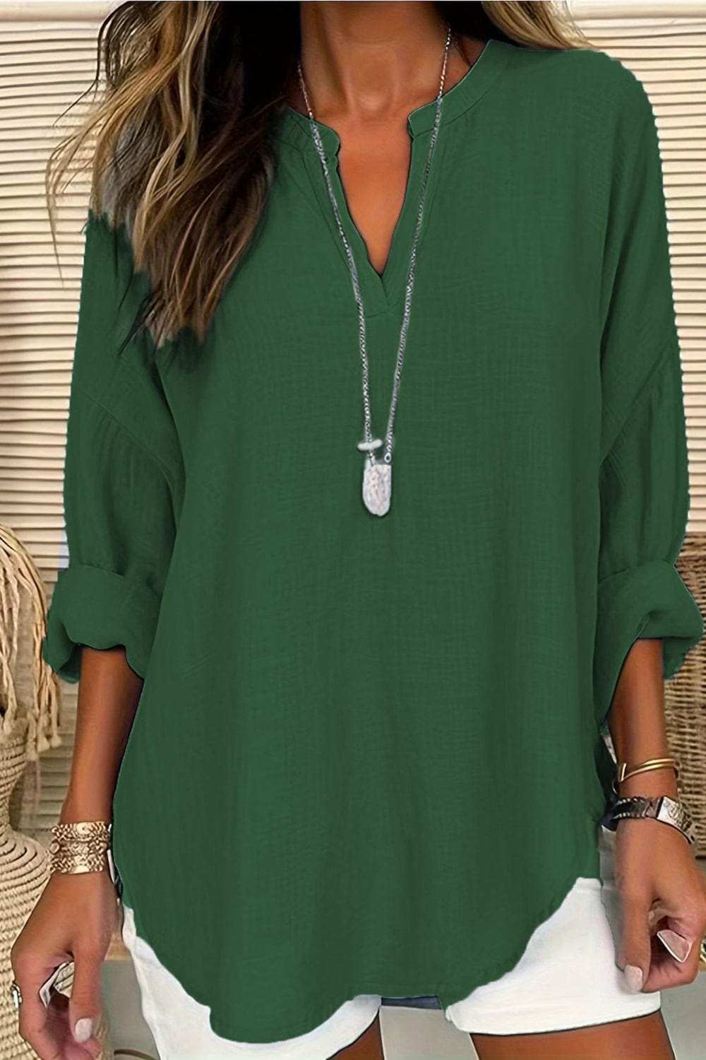 Solid Color Notched Long Sleeve Blouse - Trendsi - Flyclothing LLC