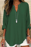 Solid Color Notched Long Sleeve Blouse - Trendsi - Flyclothing LLC