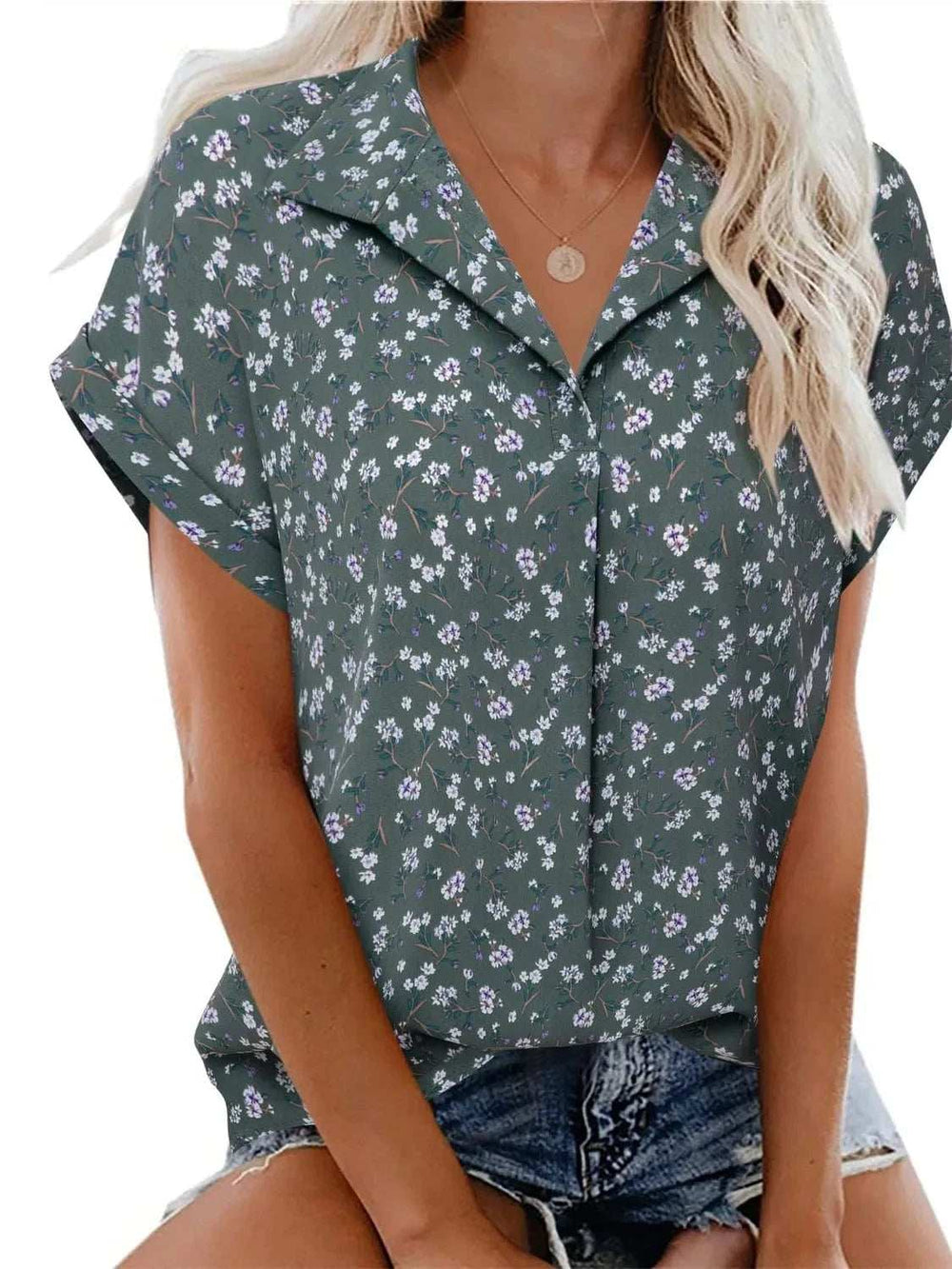 Collared Neck Short Sleeve Blouse - Trendsi - Flyclothing LLC