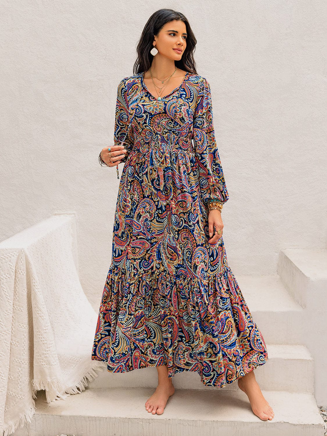 Printed Tie Neck Long Sleeve Midi Dress - Trendsi