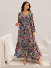Printed Tie Neck Long Sleeve Midi Dress - Trendsi