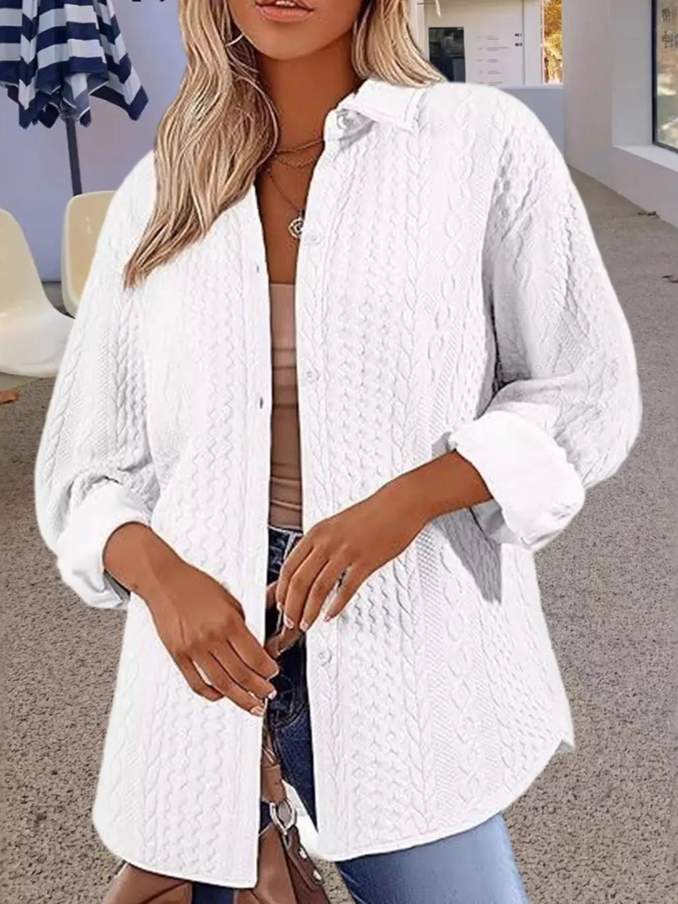 Texture Button Up Long Sleeve Shacket - Trendsi - Flyclothing LLC