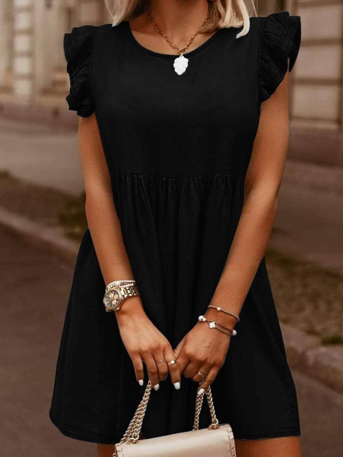 Full Size Ruffled Round Neck Cap Sleeve Denim Dress - Trendsi - Flyclothing LLC