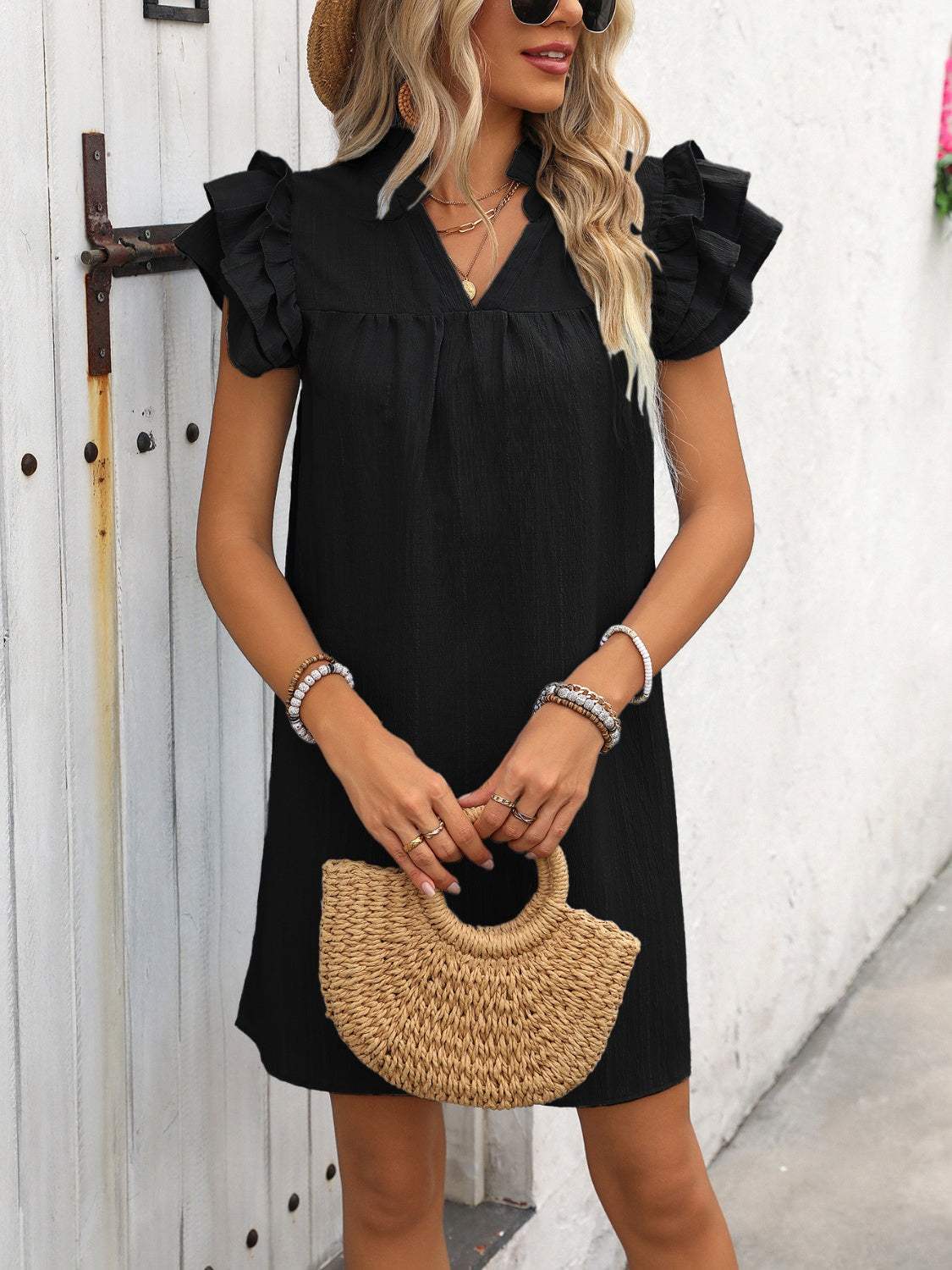 Ruffled Notched Cap Sleeve Mini Dress - Trendsi - Flyclothing LLC