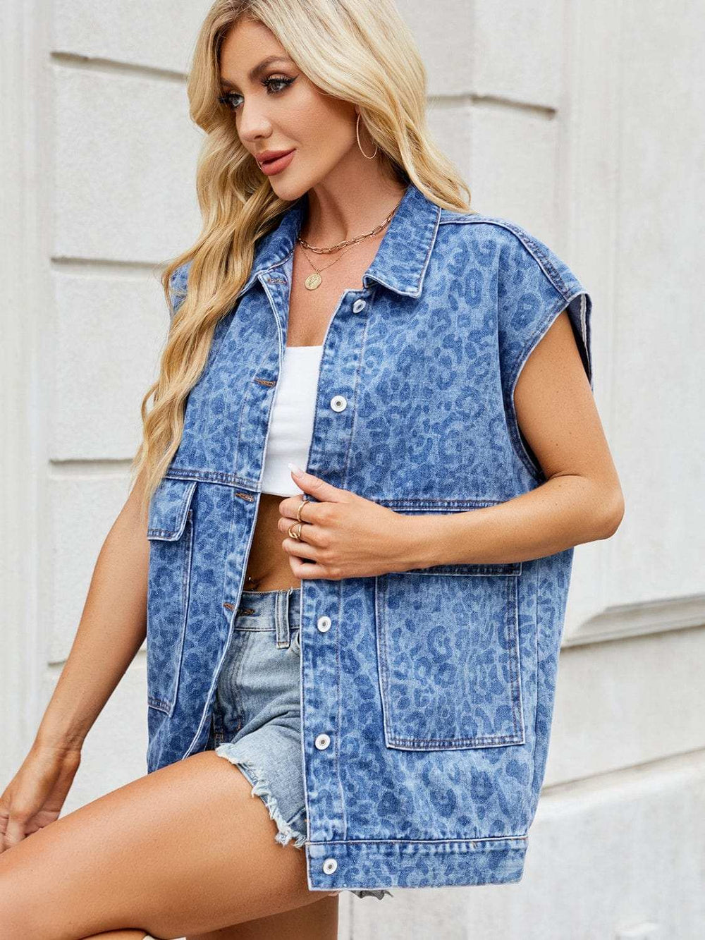 Leopard Button Up Cap Sleeve Denim Jacket - Trendsi - Flyclothing LLC