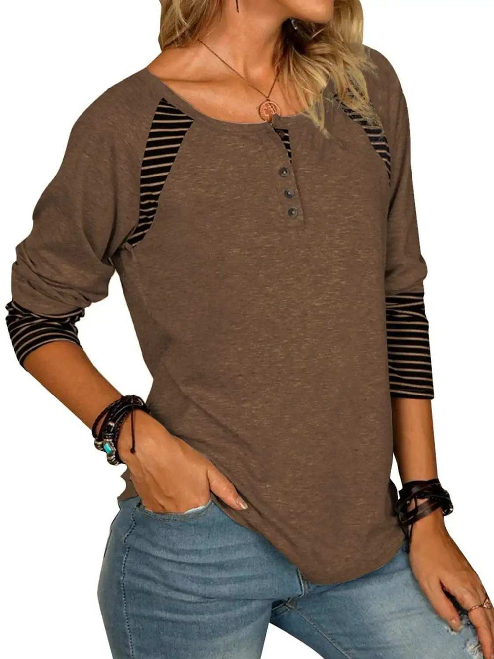 Full Size Striped Quarter Button Long Sleeve T-Shirt - Trendsi - Flyclothing LLC