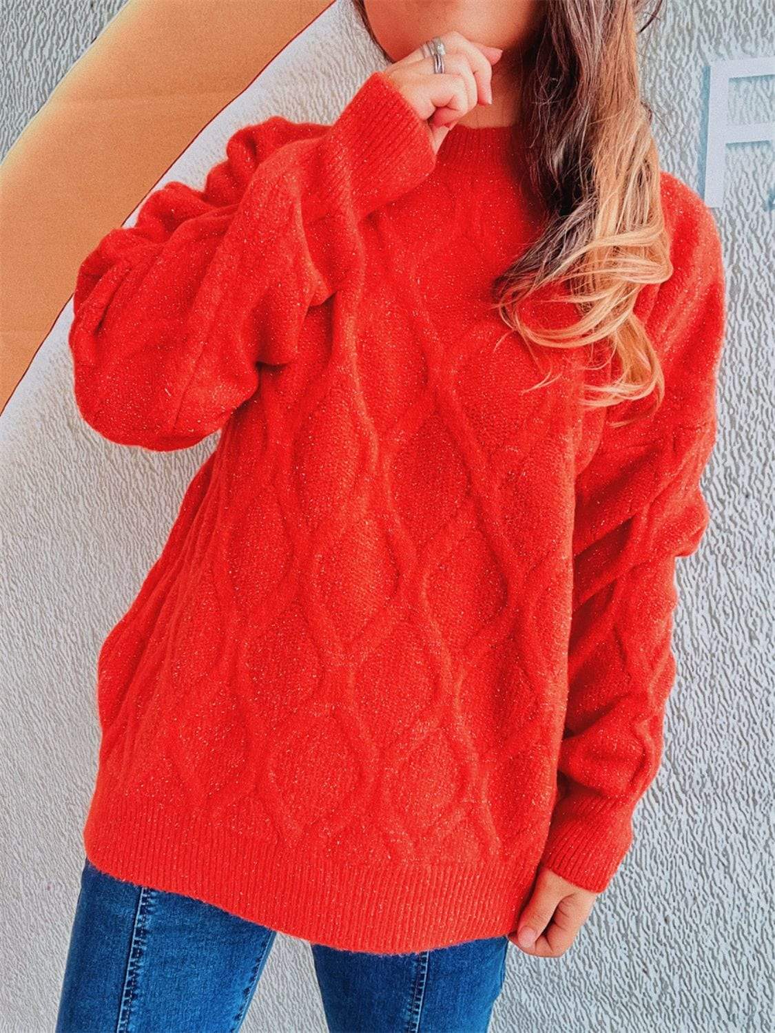 Diamond Round Neck Long Sleeve Sweater - Trendsi - Flyclothing LLC