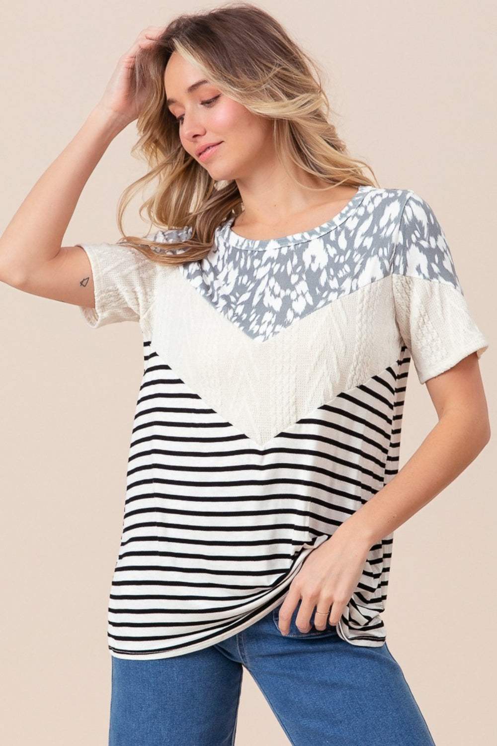 BiBi Printed Color Block Short Sleeve T-Shirt - Trendsi - Flyclothing LLC