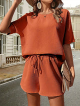 Waffle-Knit Half Sleeve Top and Shorts Set - Trendsi - Flyclothing LLC