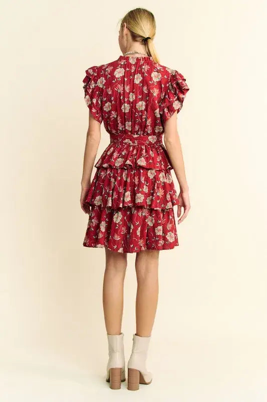 Davi & Dani Ruffle Flutter Sleeve Tie Belt Tiered Mini Dress - Trendsi - Flyclothing LLC