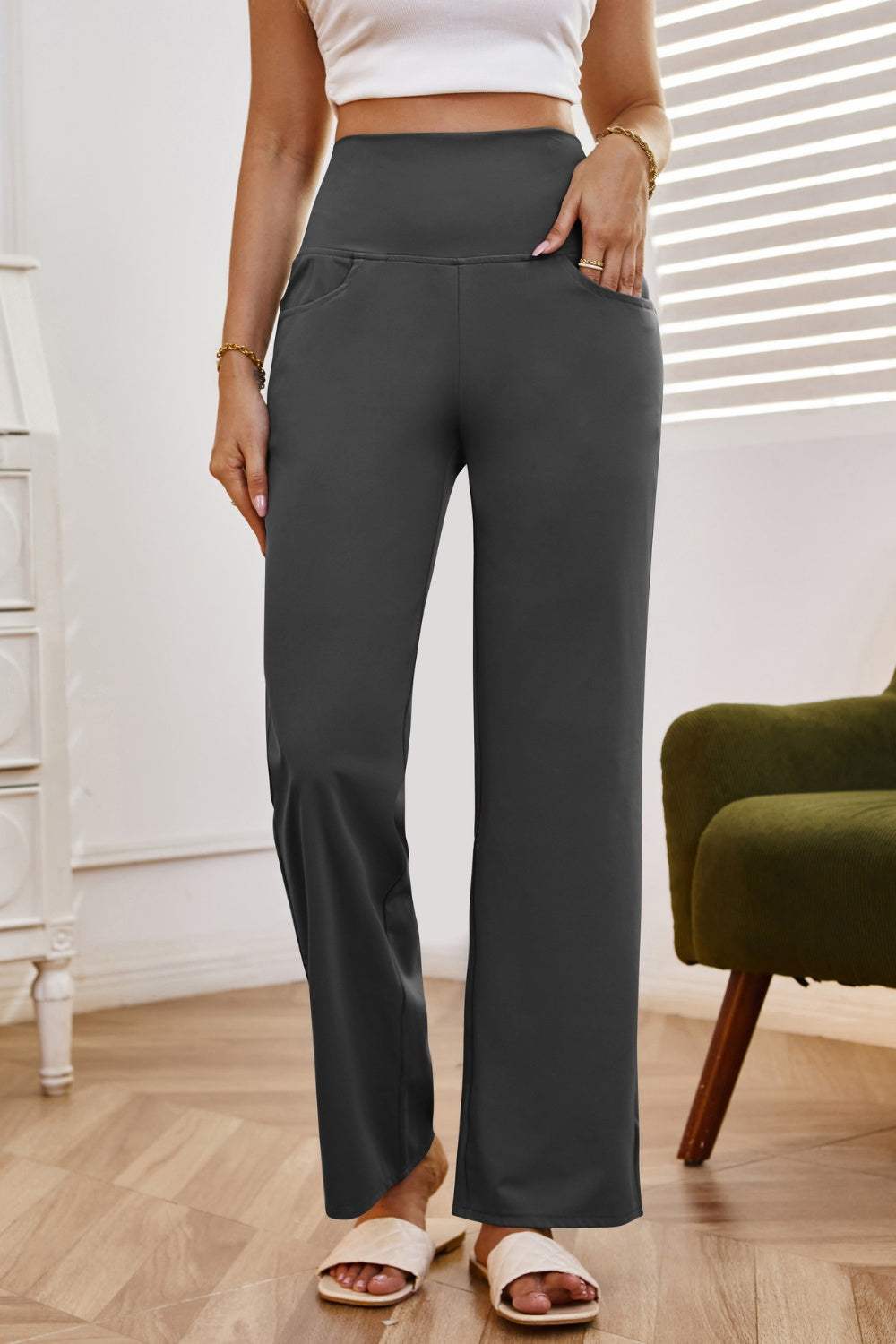 High Waist Wide Leg Pants with Pockets - Trendsi - Flyclothing LLC