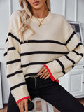 Striped Round Neck Dropped Shoulder Sweater - Trendsi