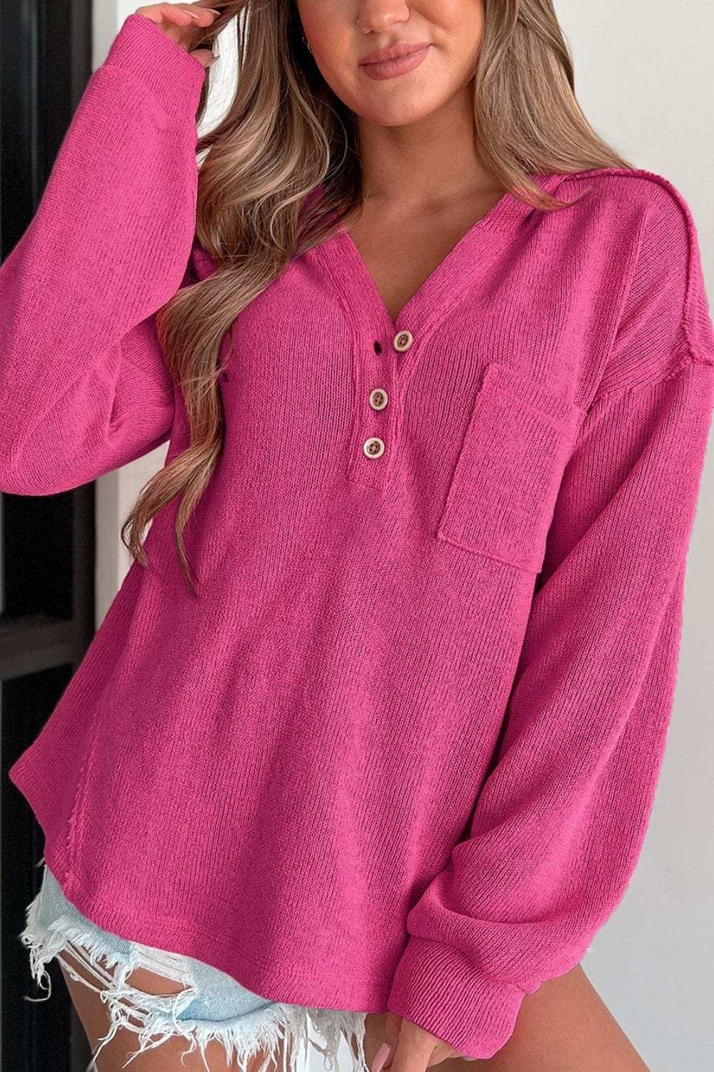 Exposed Seam Detail Henley Knit Hoodie - Trendsi - Flyclothing LLC