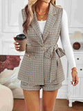 Tied Plaid Collared Neck Vest and Shorts Set - Trendsi - Flyclothing LLC
