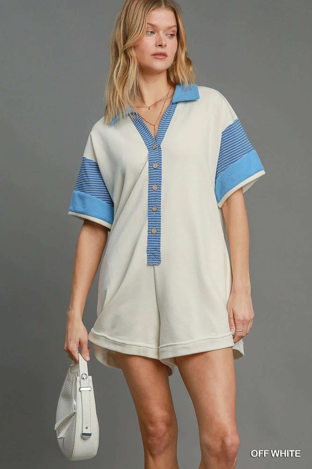 Umgee French Terry Collared Colorblock Romper - Trendsi - Flyclothing LLC