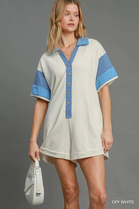 Umgee French Terry Collared Colorblock Romper - Trendsi - Flyclothing LLC
