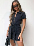 Full Size Zip Front Short Sleeve Denim Dress Plus Size - Trendsi - Flyclothing LLC