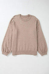 Plus Size Pearl Detail Round Neck Long Sleeve Sweater - Trendsi - Flyclothing LLC