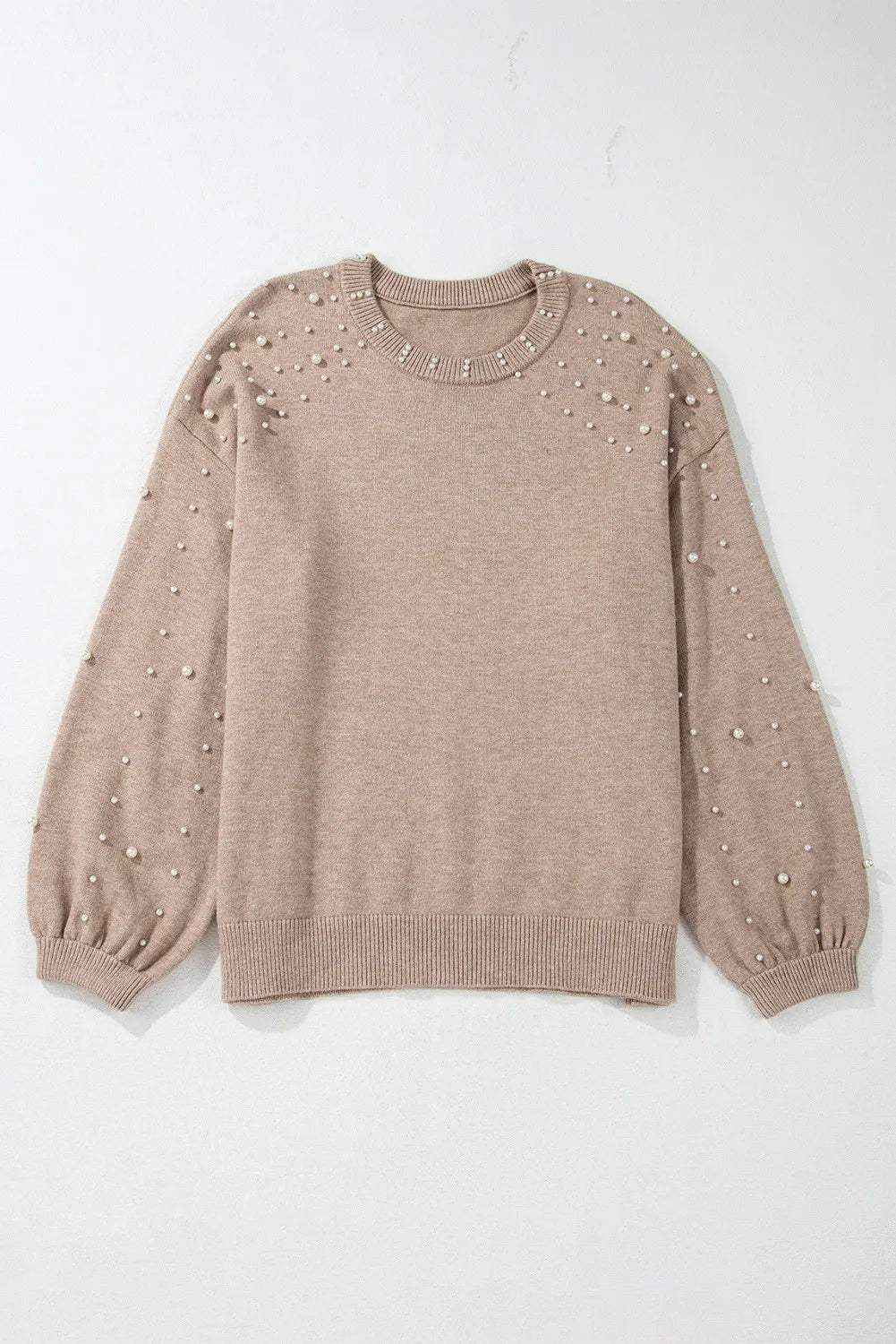 Plus Size Pearl Detail Round Neck Long Sleeve Sweater - Trendsi - Flyclothing LLC