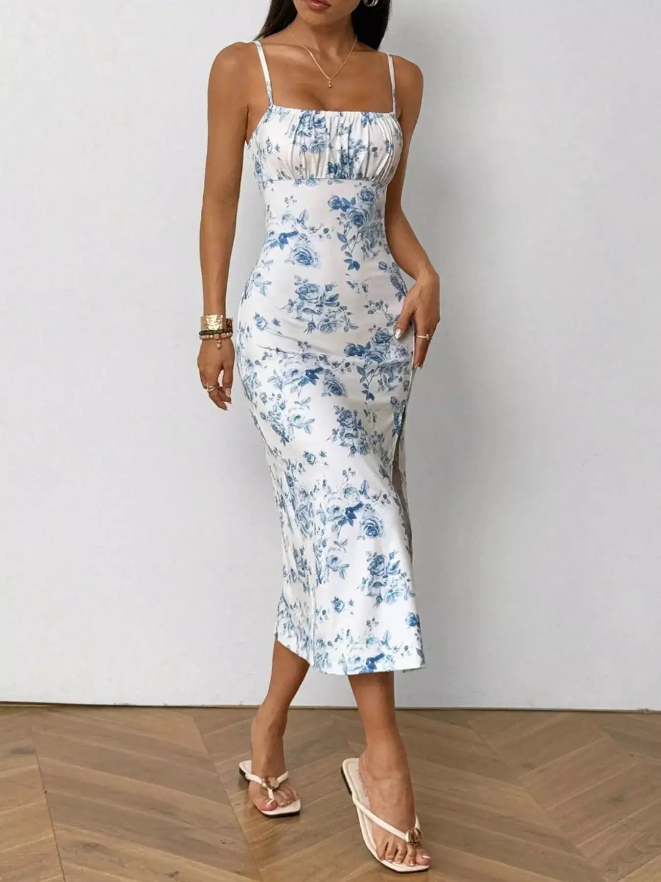 Floral Print Ruched Slit Cami Dress - Trendsi - Flyclothing LLC