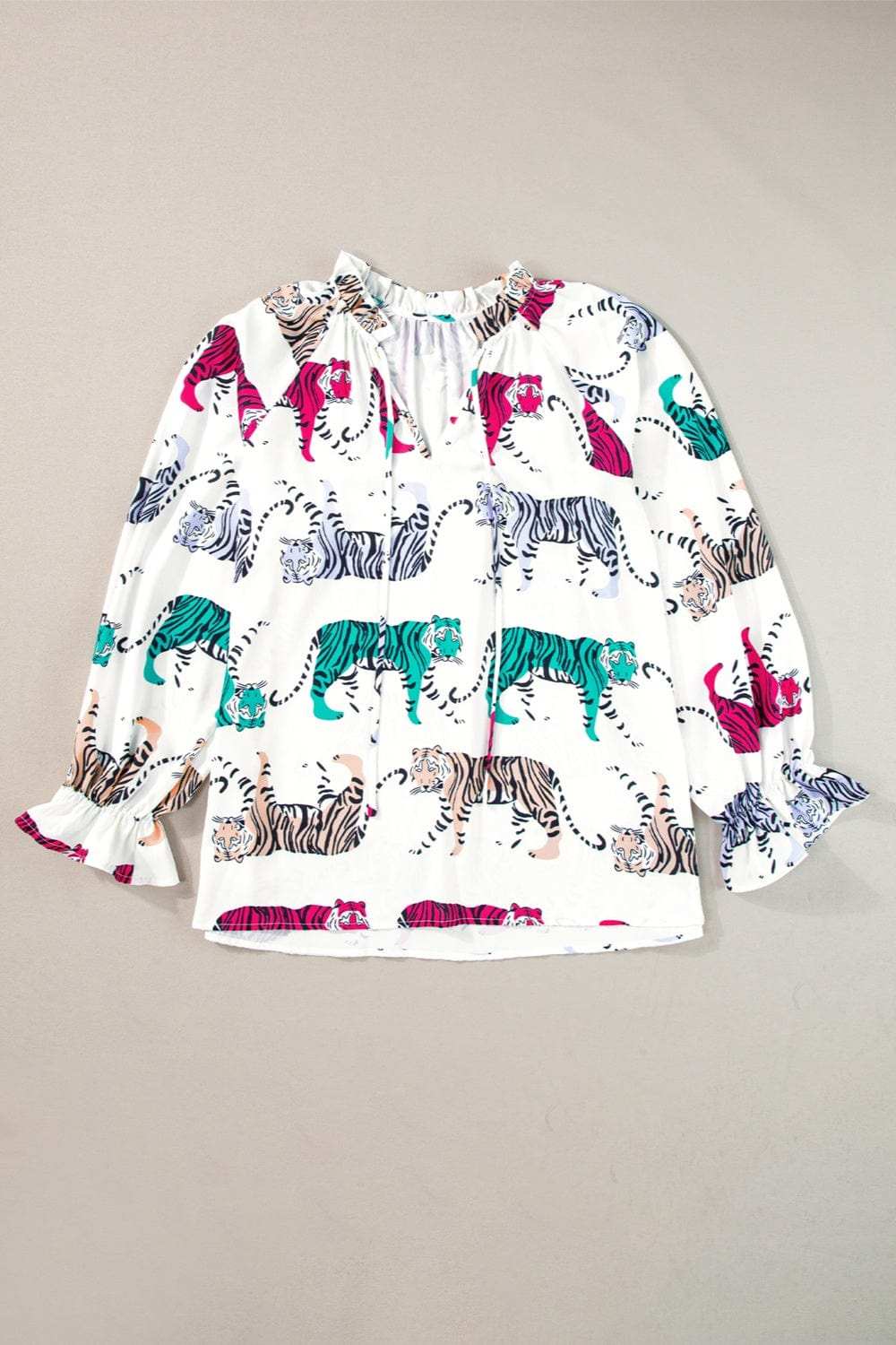 Printed Tie Neck Long Sleeve Blouse - Trendsi - Flyclothing LLC