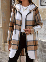 Drawstring Plaid Zip Up Hooded Outerwear - Trendsi - Flyclothing LLC