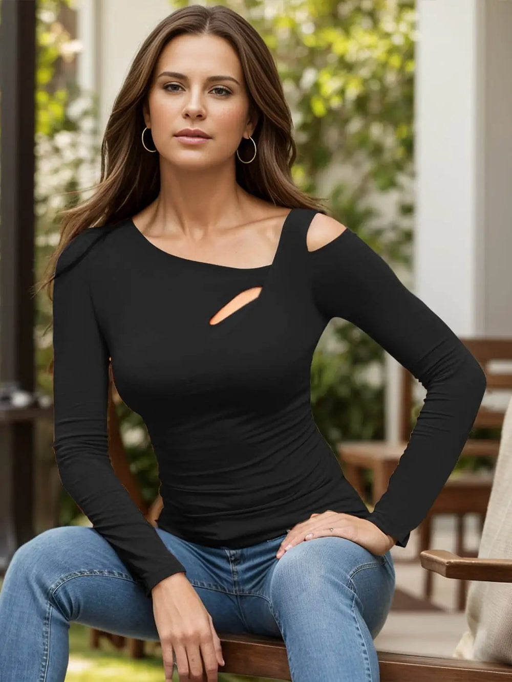 Cutout Asymmetrical Neck Long Sleeve T-Shirt - Trendsi