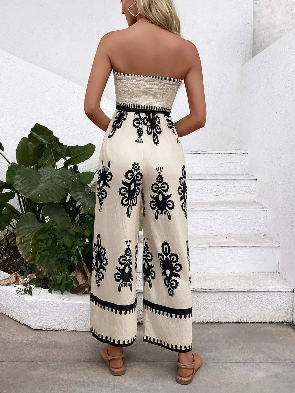 Smocked Printed Wide Leg Jumpsuit - Trendsi - Flyclothing LLC