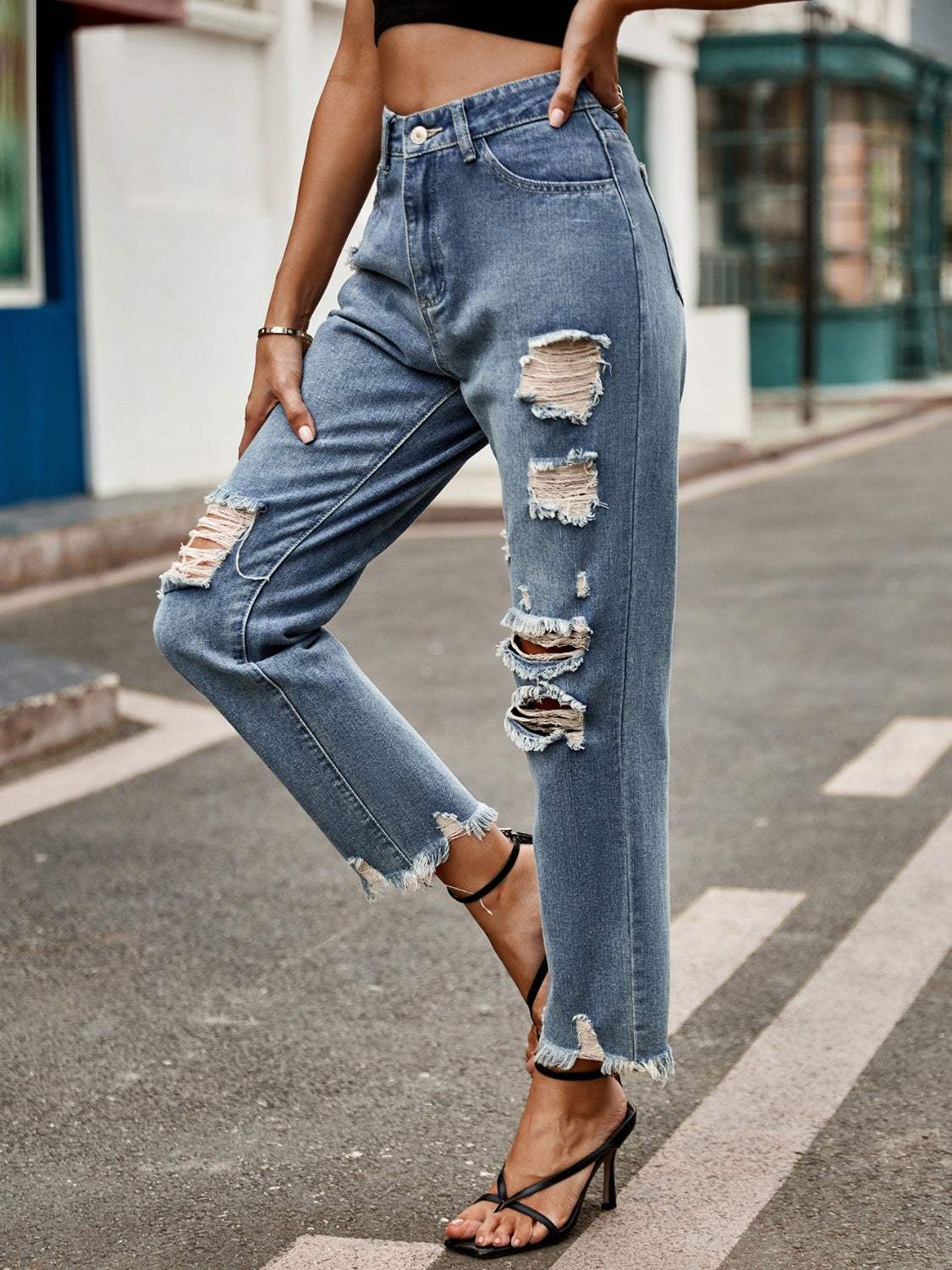 Distressed Raw Hem Jeans with Pockets - Trendsi - Flyclothing LLC