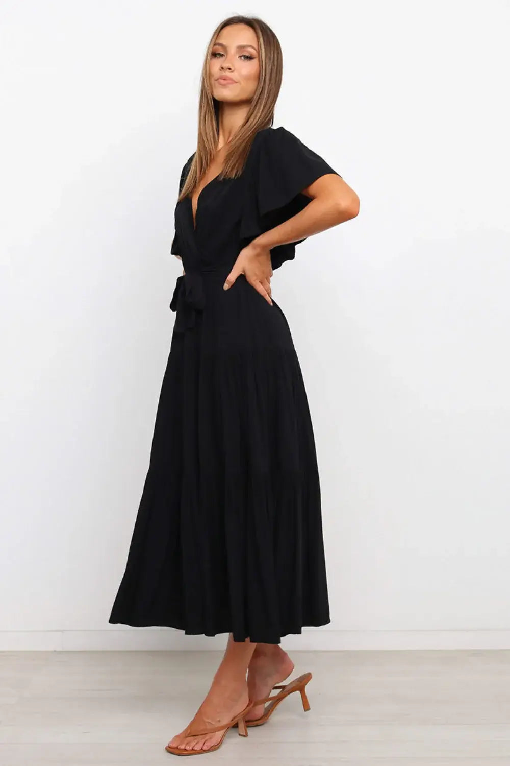 Front Tie Short Sleeve Tiered Midi Dress - Trendsi - Flyclothing LLC