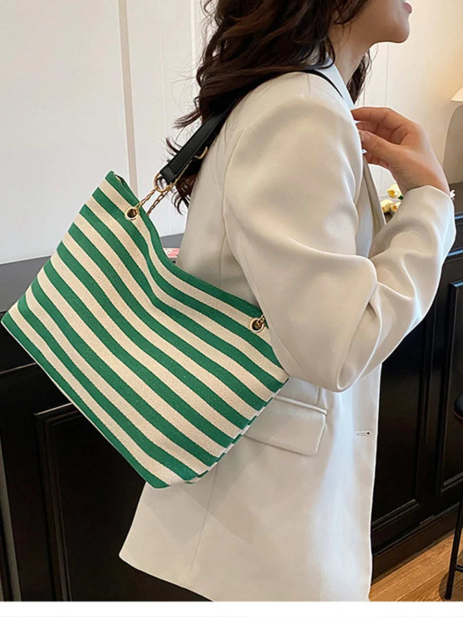 Striped Shoulder Bag with Chain Detail - Trendsi - Flyclothing LLC