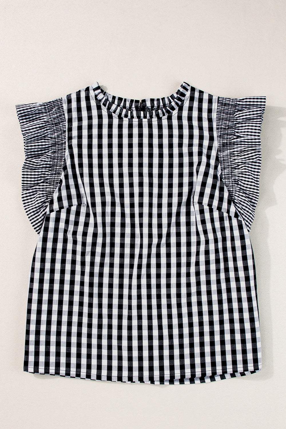 Ruffled Plaid Mock Neck Cap Sleeve Blouse - Trendsi - Flyclothing LLC